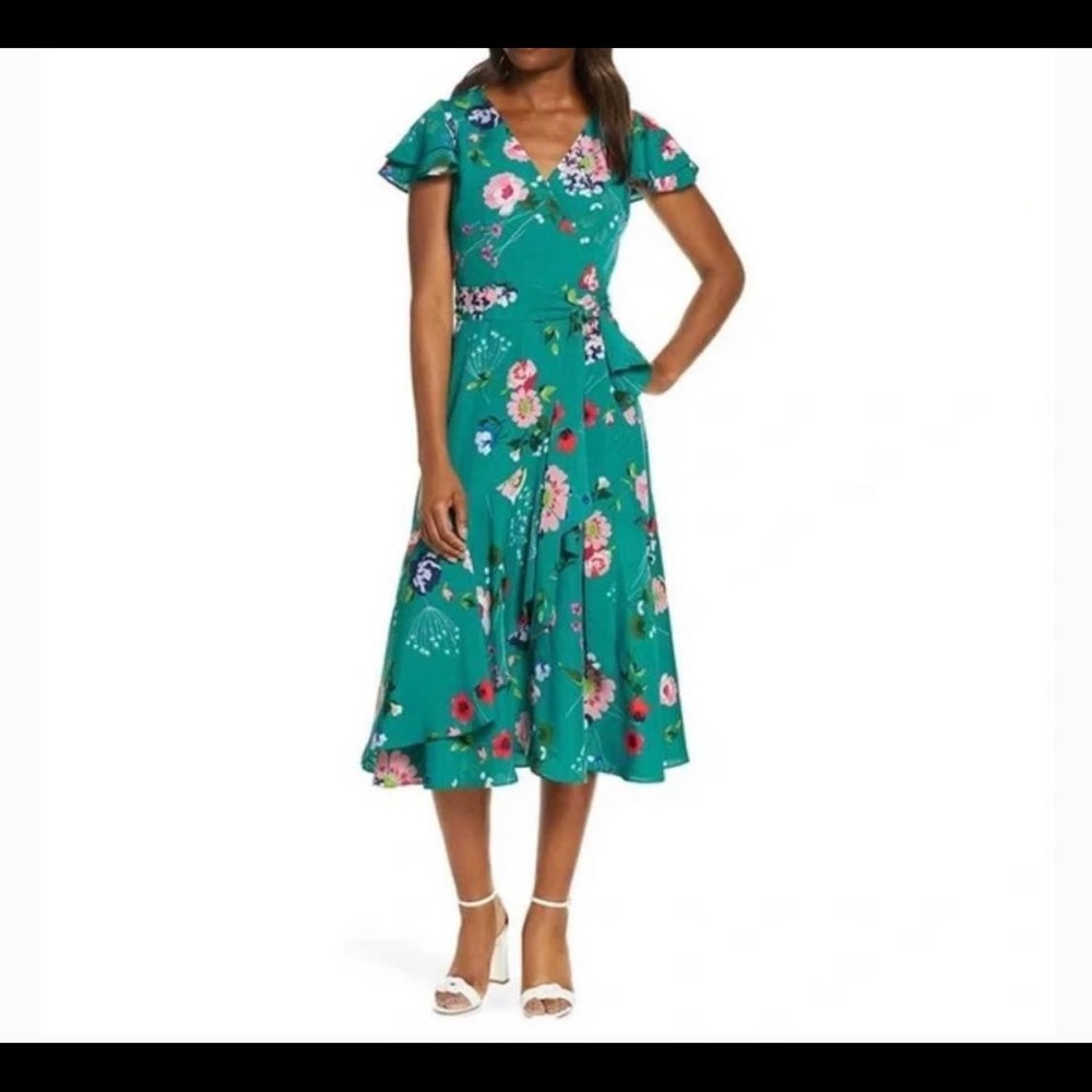 Eliza J green floral faux wrap flutter sleeve midi dress.